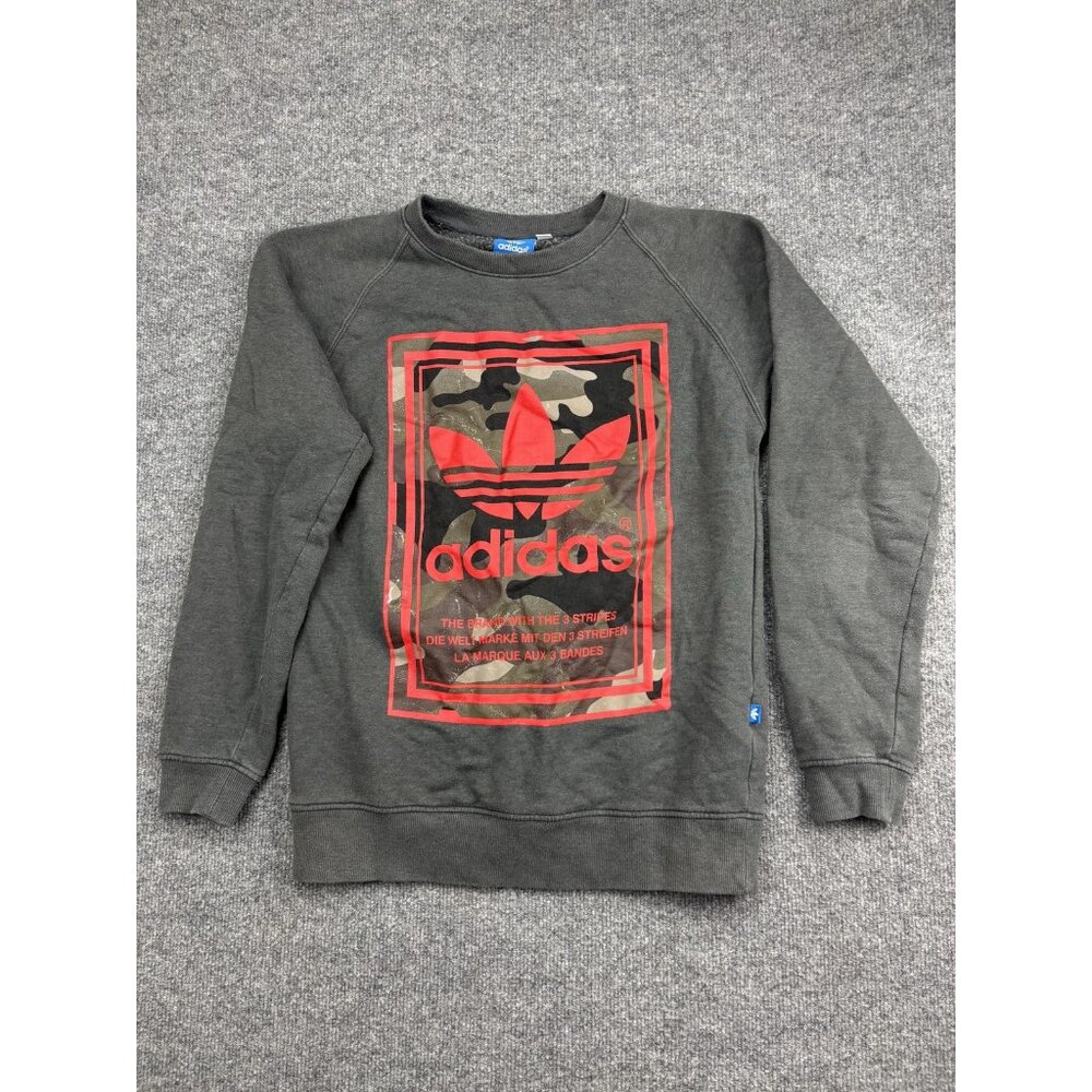 Adidas Sweatshirt Mens Medium Gray Camo Red Trefoil Crewneck Fleece Graphic
